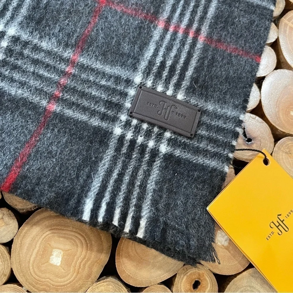 Hickey Freeman Mens 100% Cashmere Scarf Black Gray Red Plaid Check NWT $125